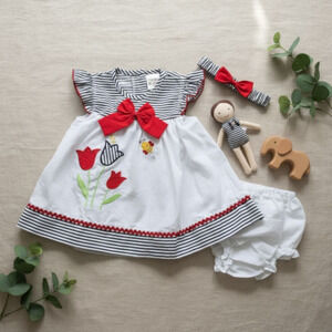 New Baby Girl Dress Set with matching headband underwear size 6 to 9 months